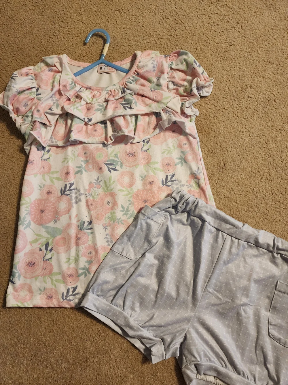 Girls Pink Floral Ruffle Top & Light Blue Shorts Matching Set